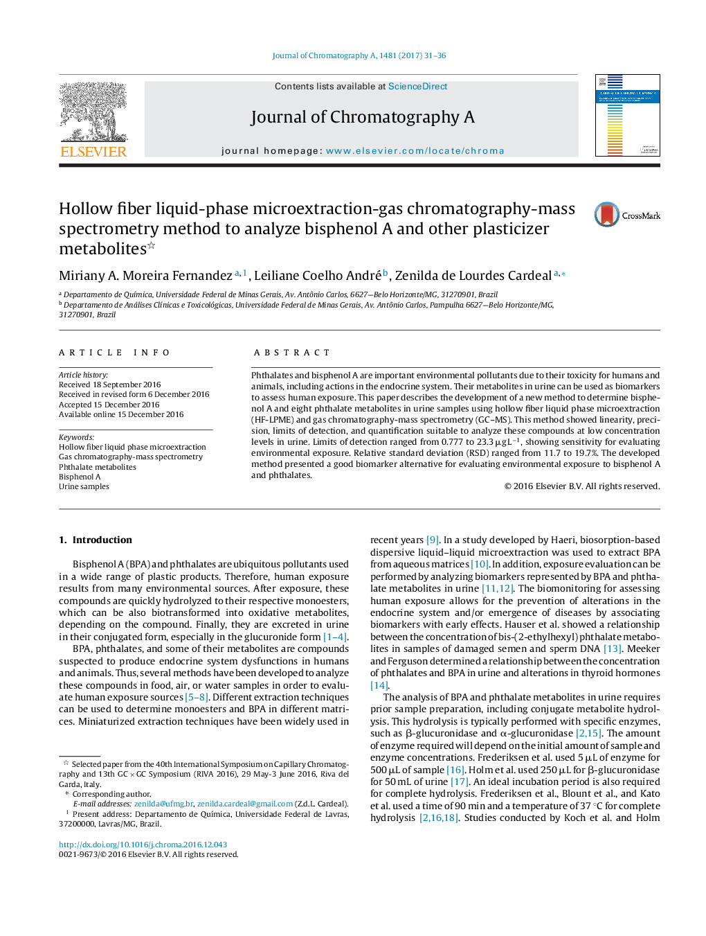 Hollow fiber liquid-phase microextraction-gas chromatography-mass spectrometry method to analyze bisphenol A and other plasticizer metabolites