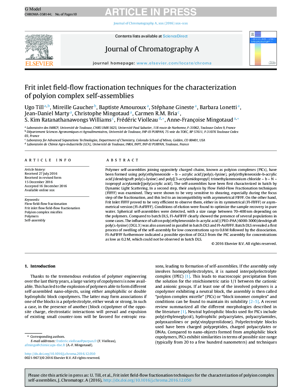 Frit inlet field-flow fractionation techniques for the characterization of polyion complex self-assemblies