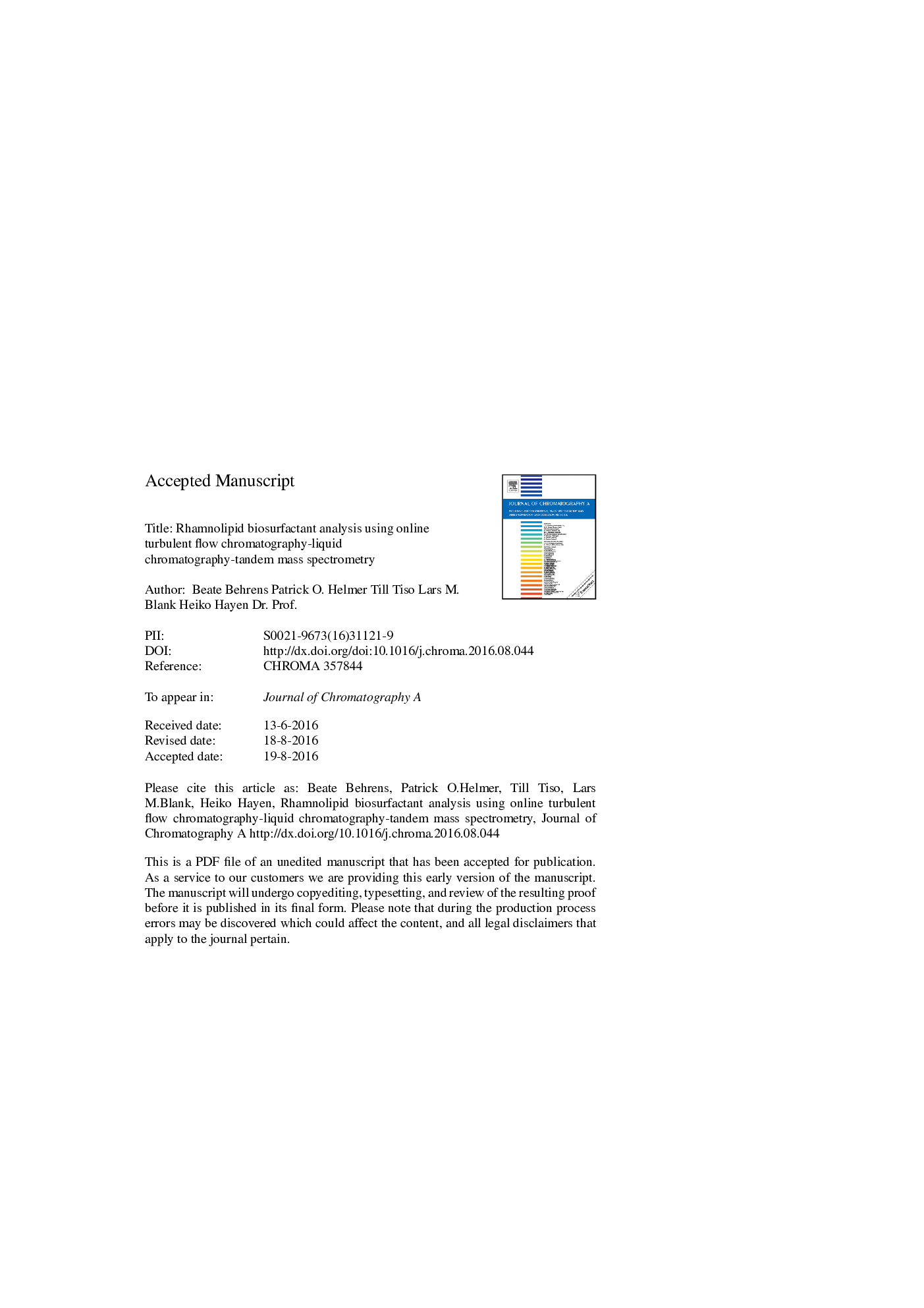 Rhamnolipid biosurfactant analysis using online turbulent flow chromatography-liquid chromatography-tandem mass spectrometry