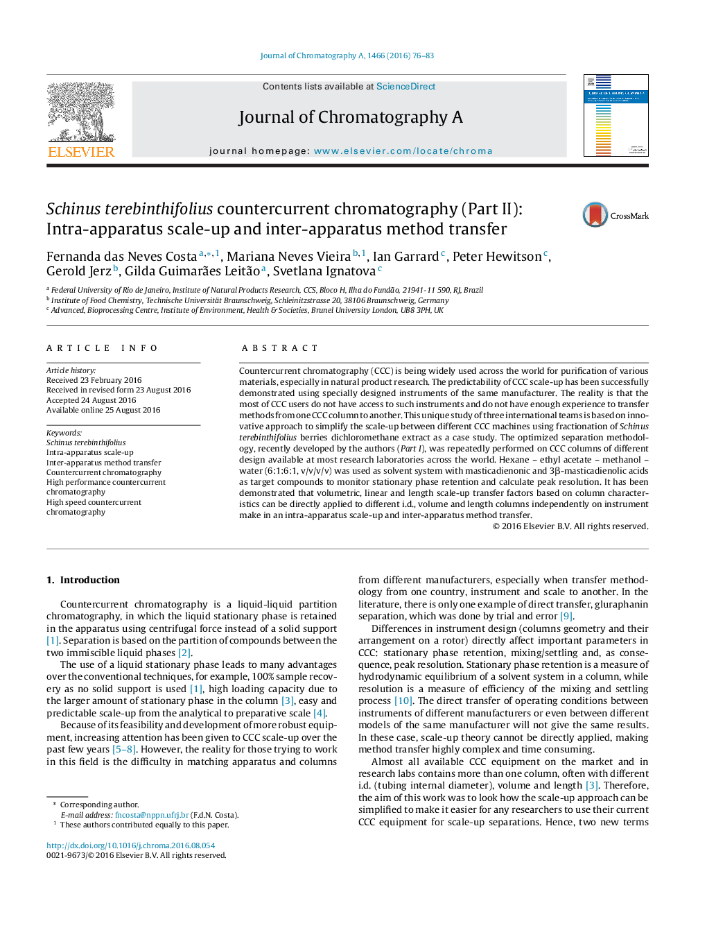 Schinus terebinthifolius countercurrent chromatography (Part II): Intra-apparatus scale-up and inter-apparatus method transfer