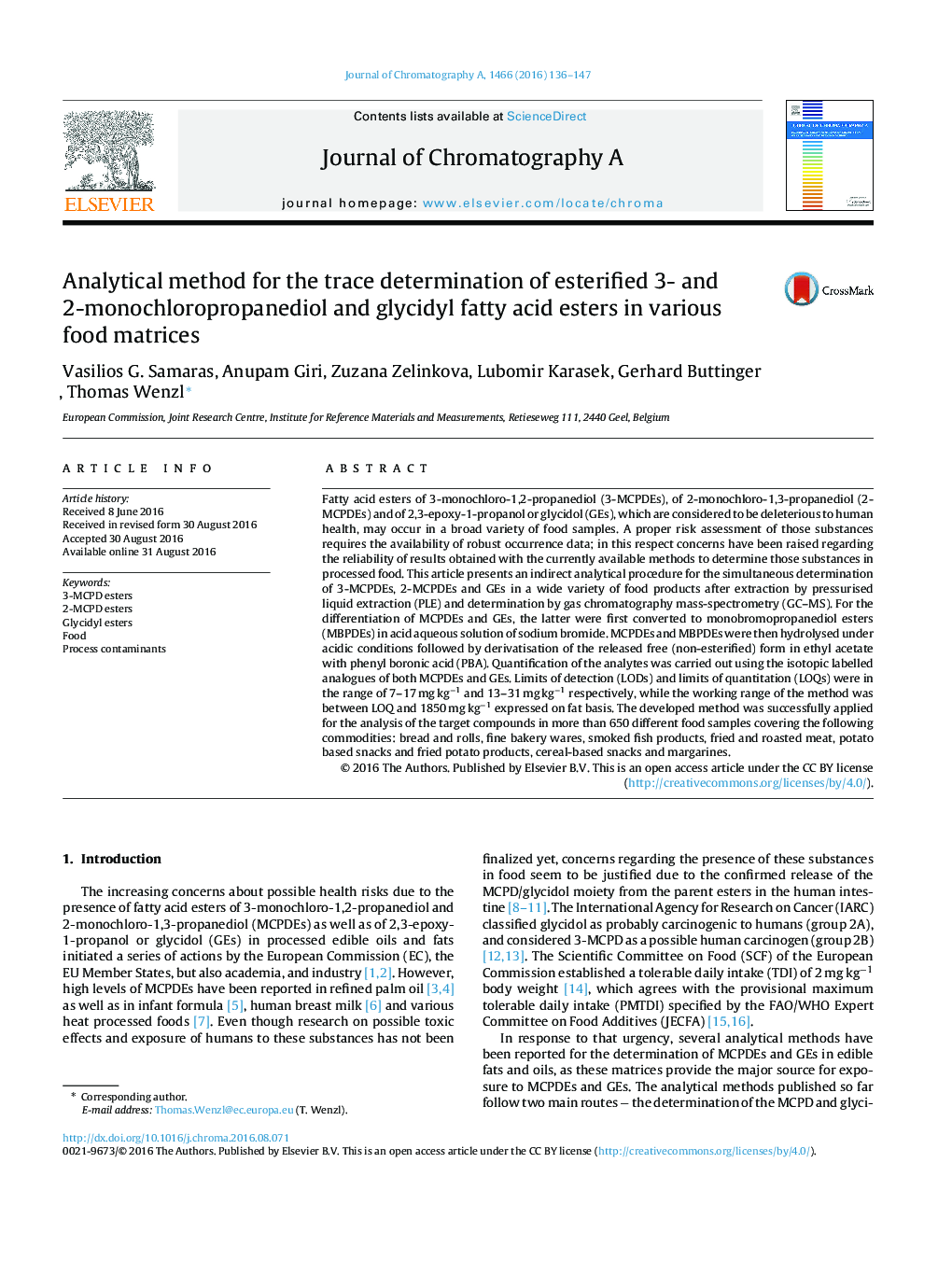 Analytical method for the trace determination of esterified 3- and 2-monochloropropanediol and glycidyl fatty acid esters in various food matrices
