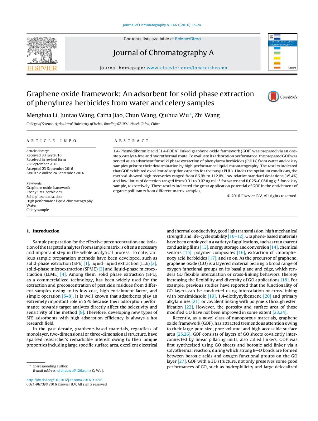 Graphene oxide framework: An adsorbent for solid phase extraction of phenylurea herbicides from water and celery samples