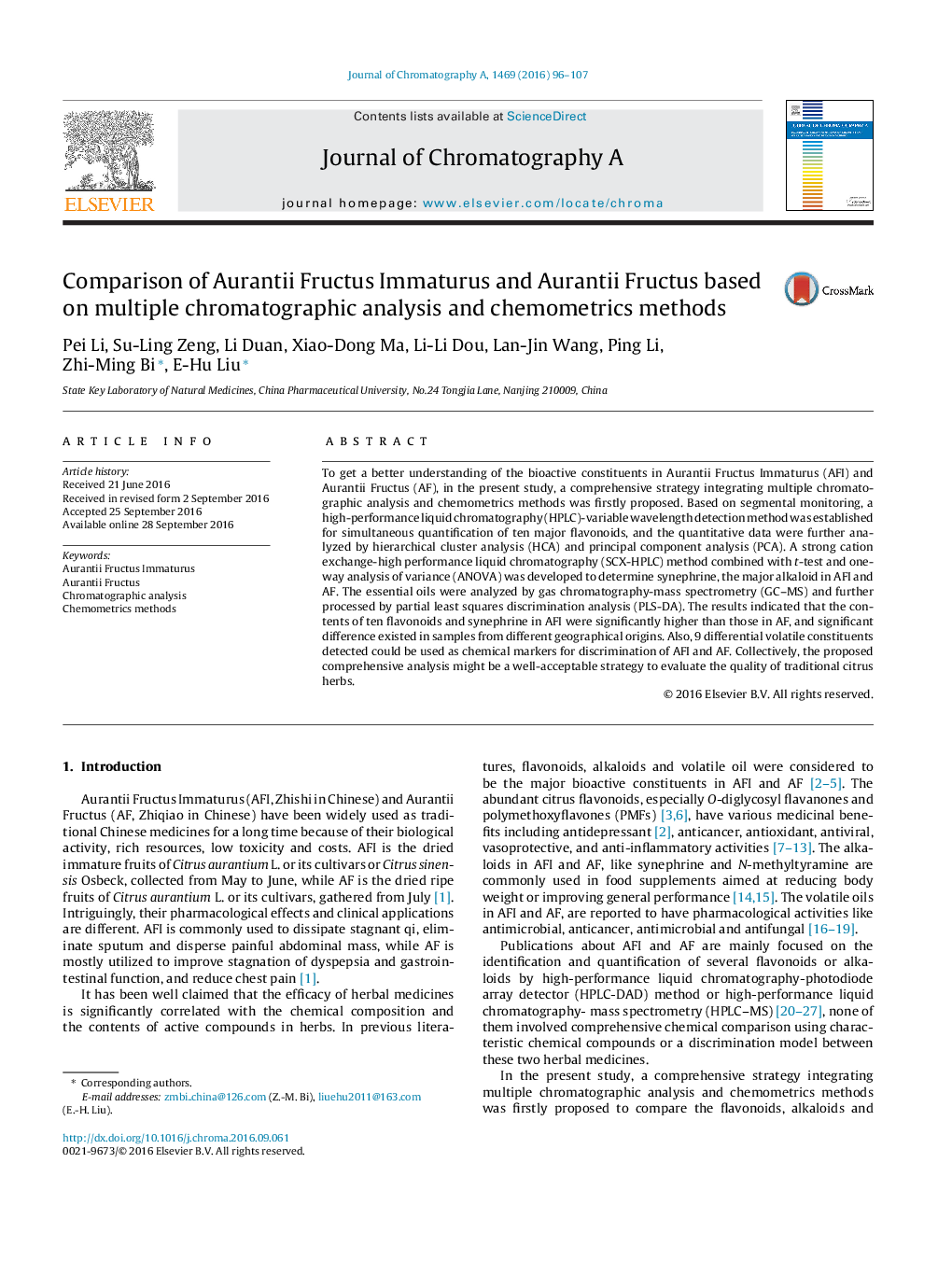 Comparison of Aurantii Fructus Immaturus and Aurantii Fructus based on multiple chromatographic analysis and chemometrics methods