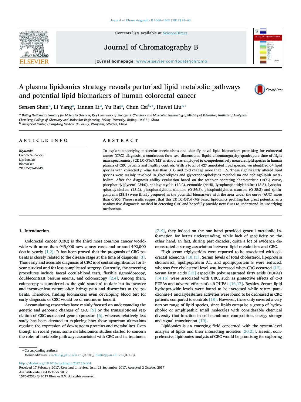 A plasma lipidomics strategy reveals perturbed lipid metabolic pathways and potential lipid biomarkers of human colorectal cancer