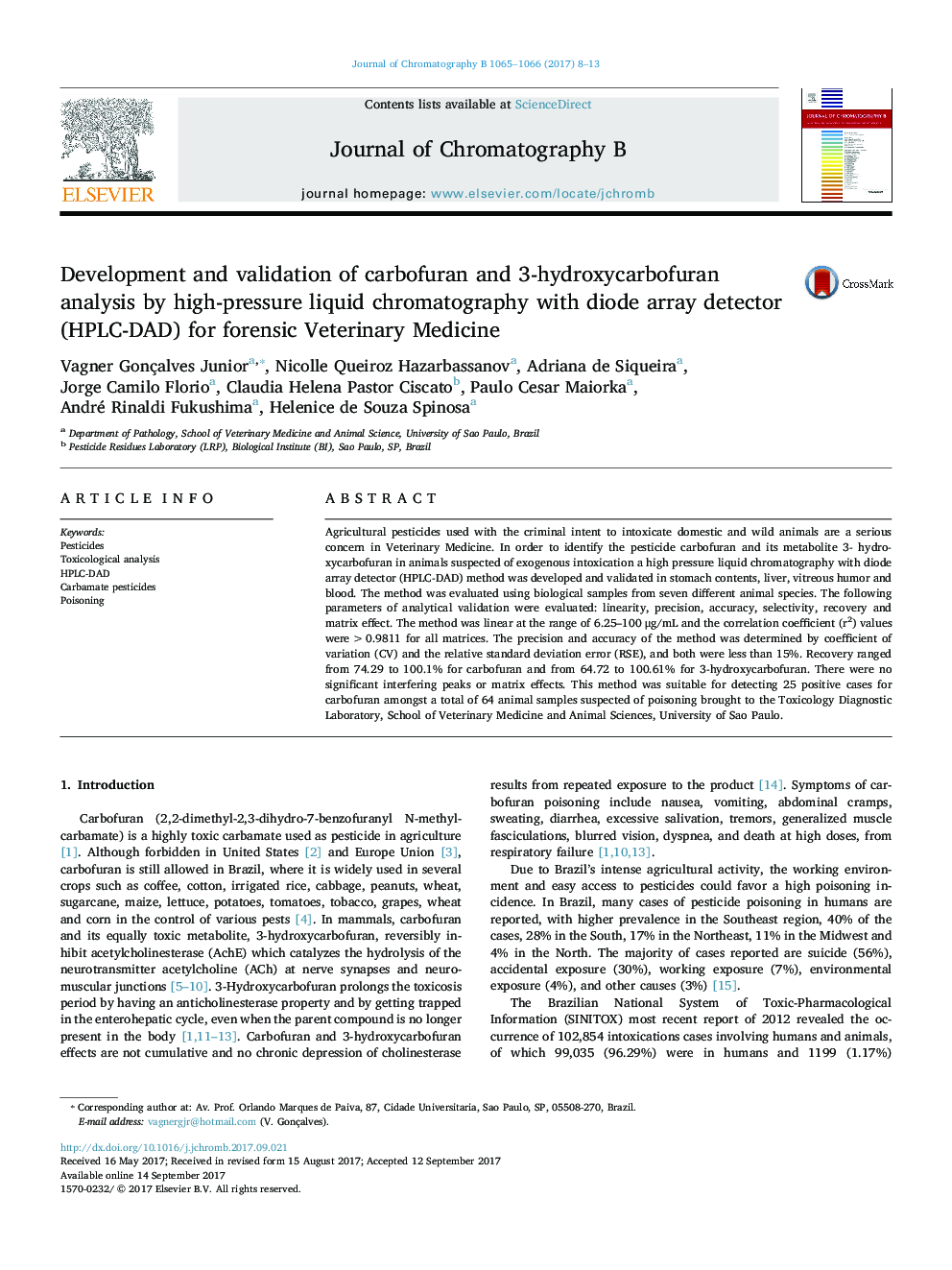 Development and validation of carbofuran and 3-hydroxycarbofuran analysis by high-pressure liquid chromatography with diode array detector (HPLC-DAD) for forensic Veterinary Medicine