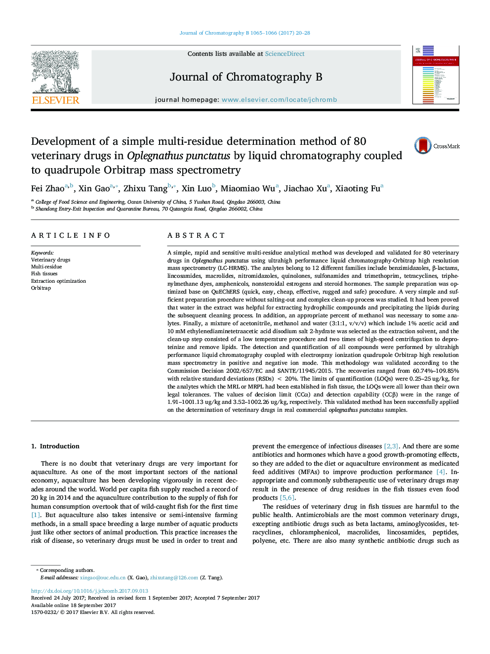 عکس صفحه اول مقاله: Development of a simple multi-residue determination method of 80 veterinary drugs in Oplegnathus punctatus by liquid chromatography coupled to quadrupole Orbitrap mass spectrometry Development of a simple multi-residue determination method of 80 veterinary drugs in Oplegnathus punctatus by liquid chromatography coupled to quadrupole Orbitrap mass spectrometry