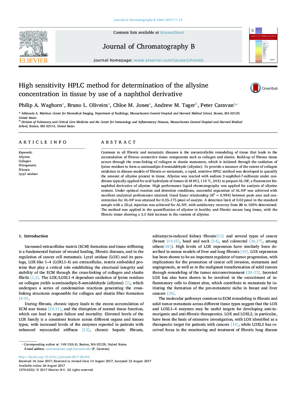 High sensitivity HPLC method for determination of the allysine concentration in tissue by use of a naphthol derivative