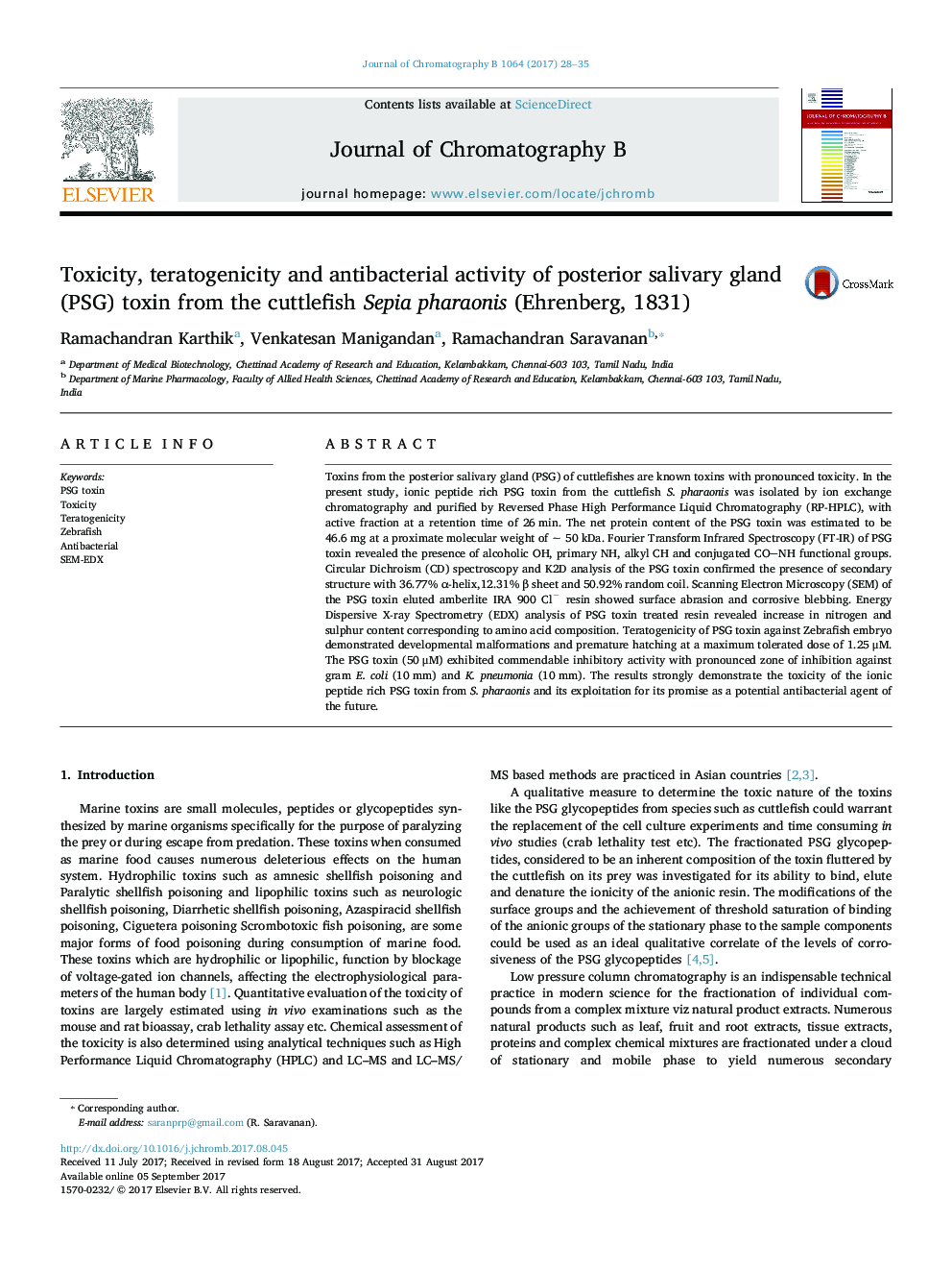 Toxicity, teratogenicity and antibacterial activity of posterior salivary gland (PSG) toxin from the cuttlefish Sepia pharaonis (Ehrenberg, 1831)