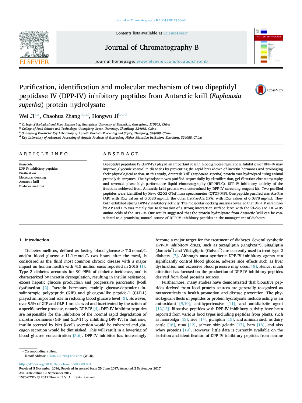 Purification, identification and molecular mechanism of two dipeptidyl peptidase IV (DPP-IV) inhibitory peptides from Antarctic krill (Euphausia superba) protein hydrolysate