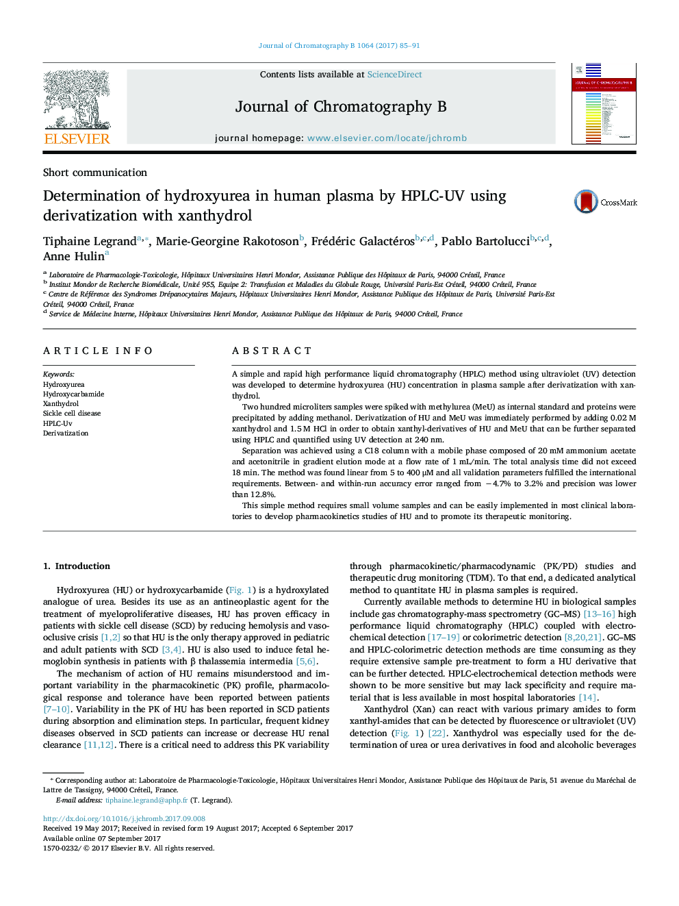 Determination of hydroxyurea in human plasma by HPLC-UV using derivatization with xanthydrol