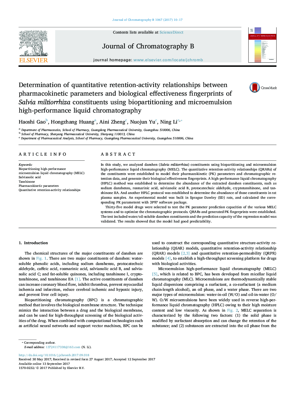 Determination of quantitative retention-activity relationships between pharmacokinetic parameters and biological effectiveness fingerprints of Salvia miltiorrhiza constituents using biopartitioning and microemulsion high-performance liquid chromatography