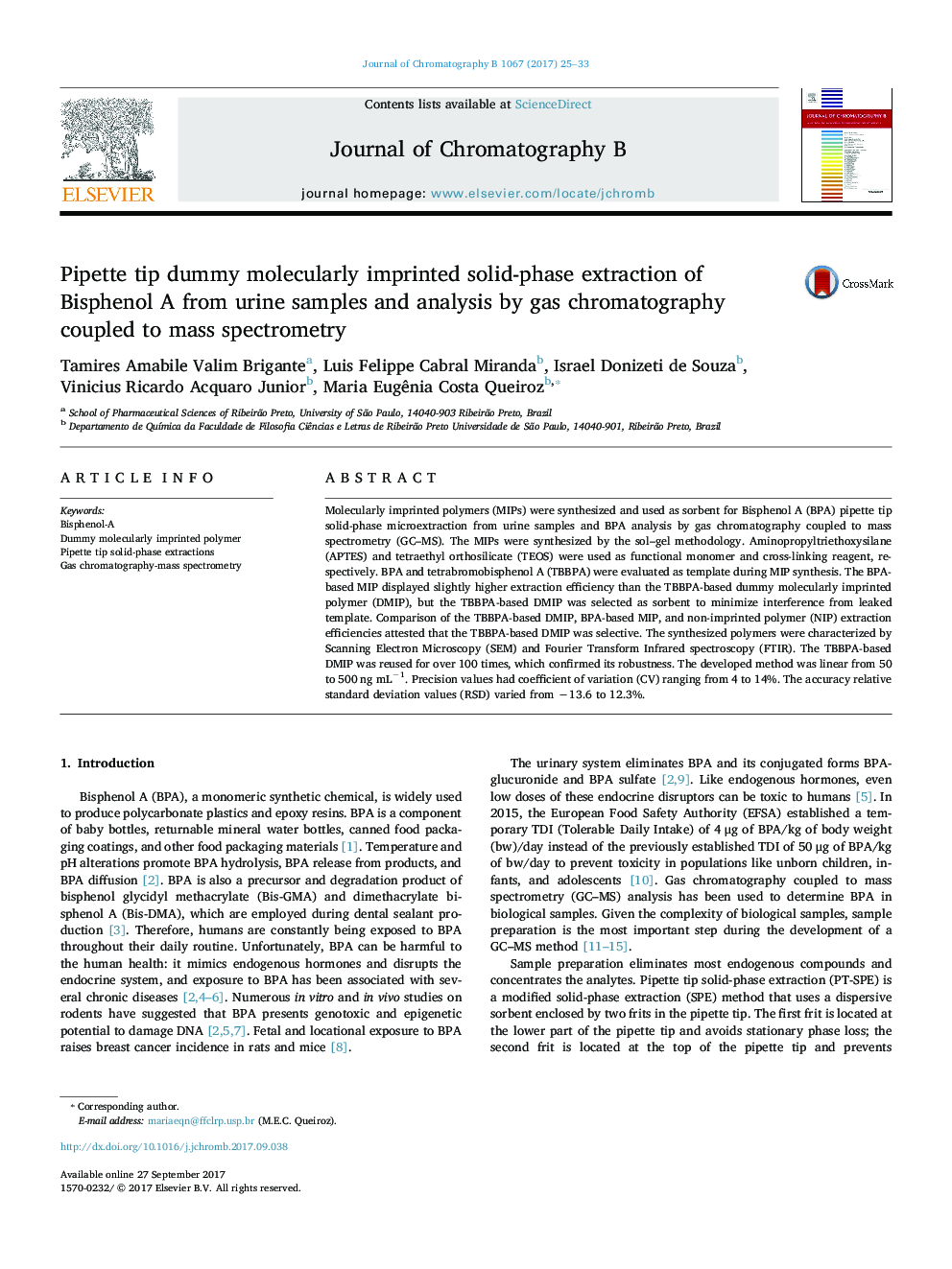 Pipette tip dummy molecularly imprinted solid-phase extraction of Bisphenol A from urine samples and analysis by gas chromatography coupled to mass spectrometry