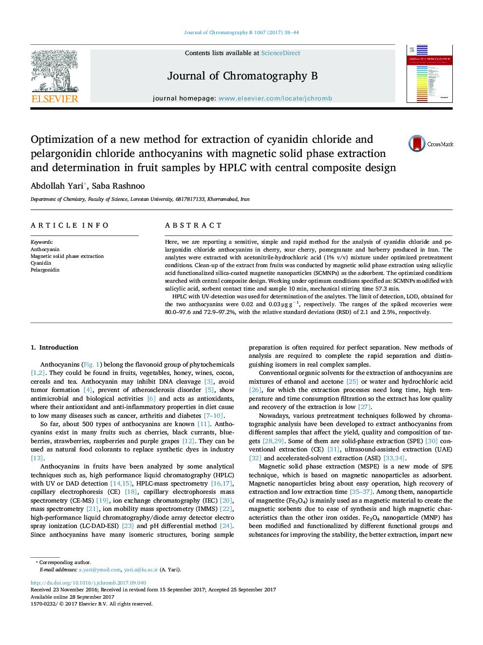 Optimization of a new method for extraction of cyanidin chloride and pelargonidin chloride anthocyanins with magnetic solid phase extraction and determination in fruit samples by HPLC with central composite design