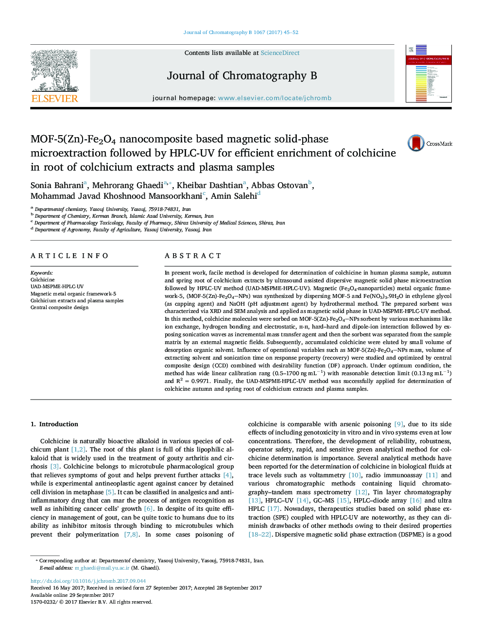 MOF-5(Zn)-Fe2O4 nanocomposite based magnetic solid-phase microextraction followed by HPLC-UV for efficient enrichment of colchicine in root of colchicium extracts and plasma samples