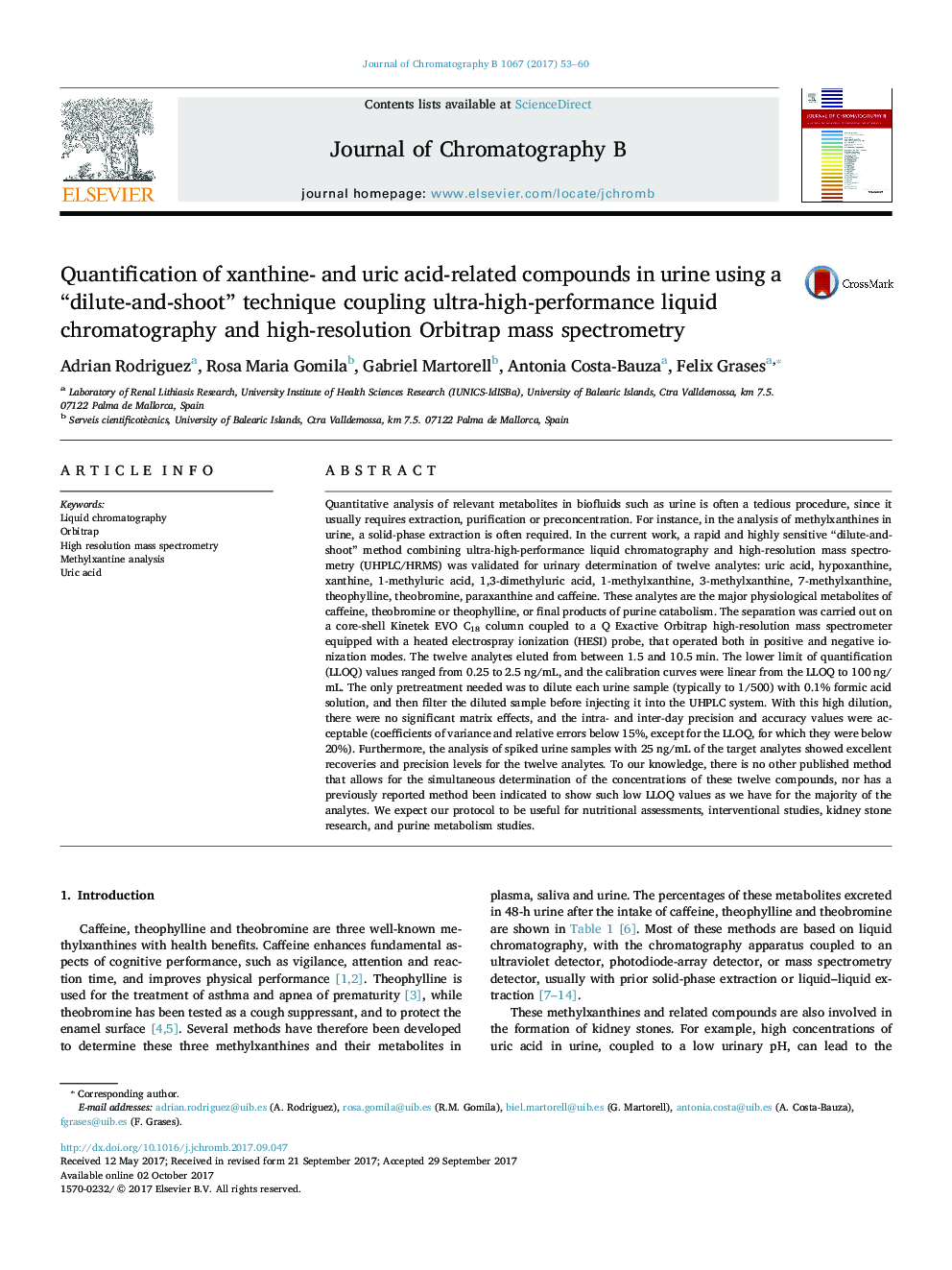 Quantification of xanthine- and uric acid-related compounds in urine using a “dilute-and-shoot” technique coupling ultra-high-performance liquid chromatography and high-resolution Orbitrap mass spectrometry