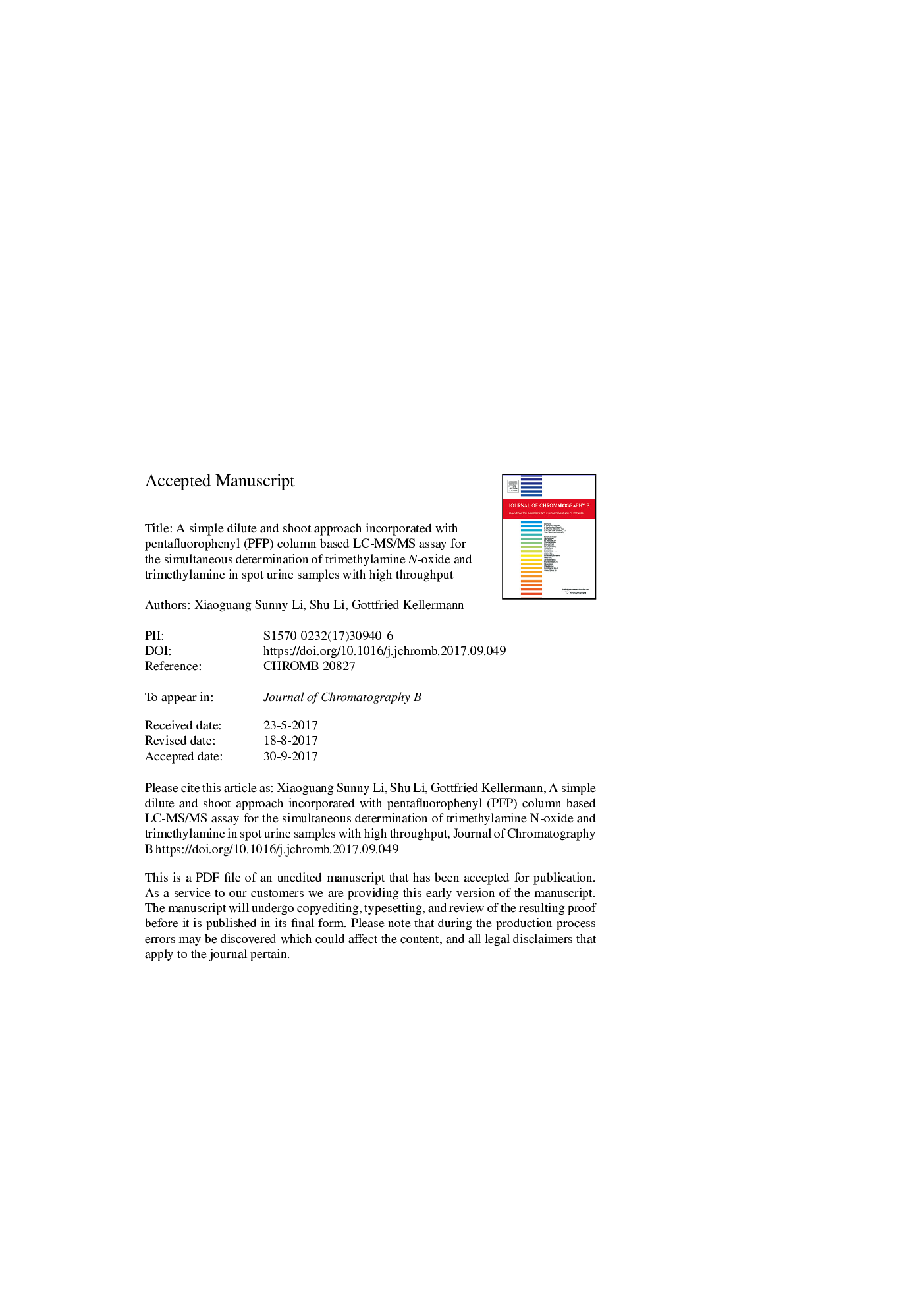 A simple dilute and shoot approach incorporated with pentafluorophenyl (PFP) column based LC-MS/MS assay for the simultaneous determination of trimethylamine N-oxide and trimethylamine in spot urine samples with high throughput