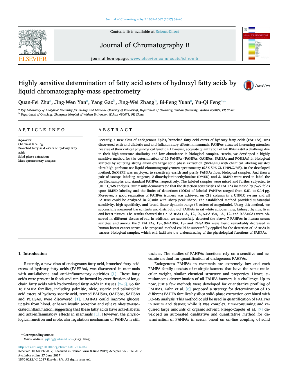 Highly sensitive determination of fatty acid esters of hydroxyl fatty acids by liquid chromatography-mass spectrometry