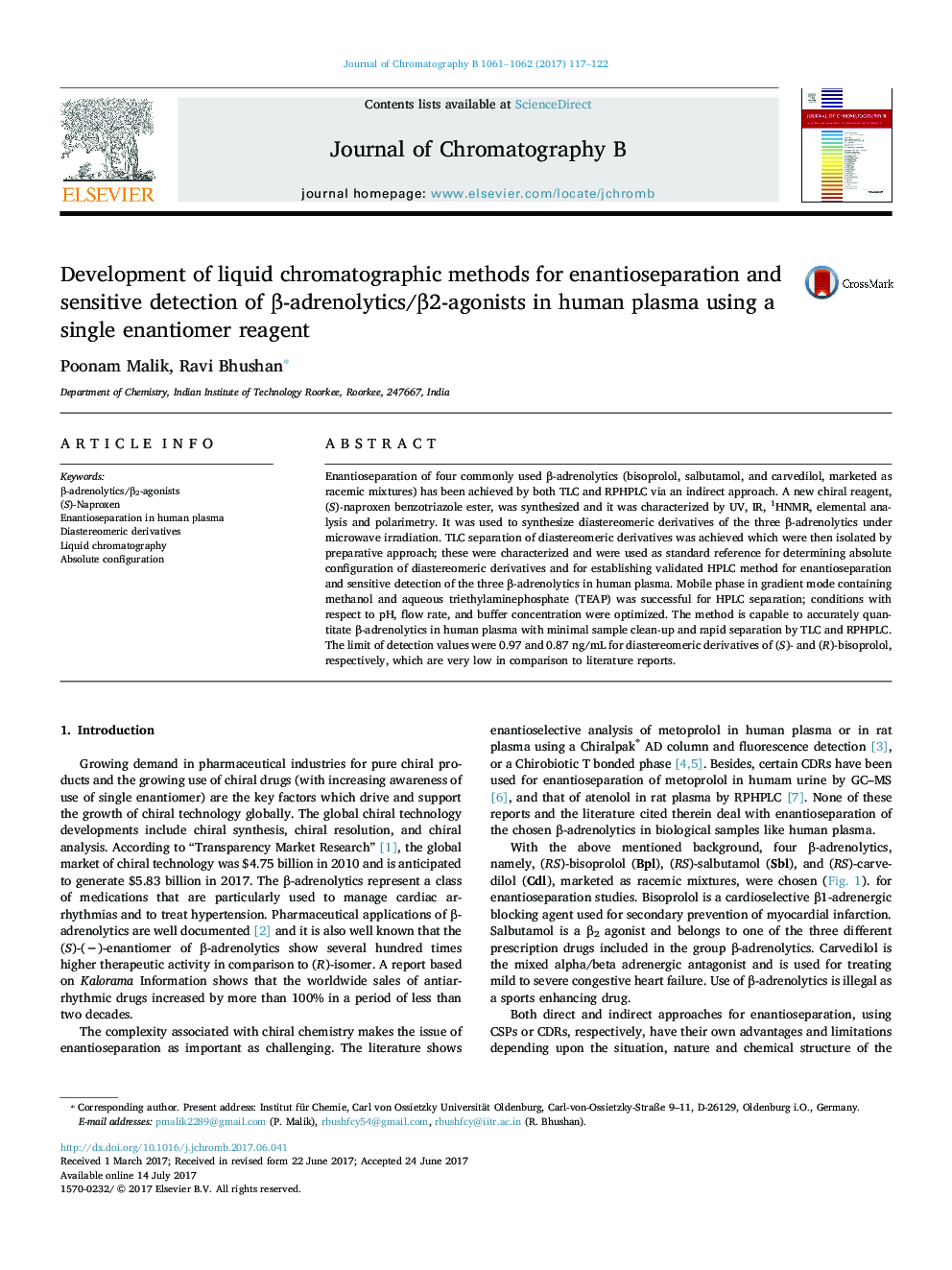 Development of liquid chromatographic methods for enantioseparation and sensitive detection of Î²-adrenolytics/Î²2-agonists in human plasma using a single enantiomer reagent