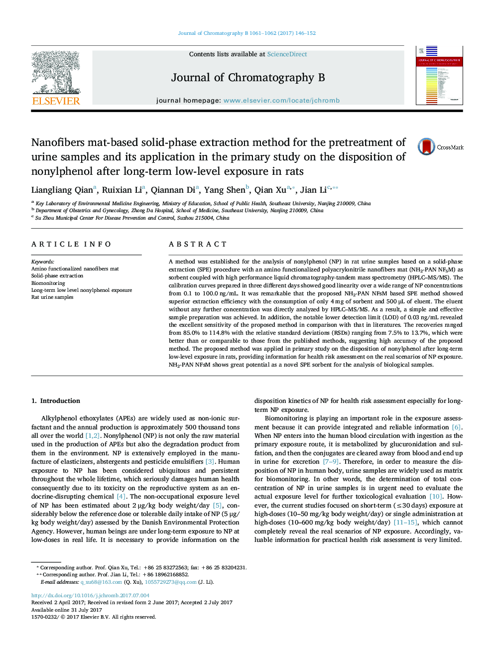 Nanofibers mat-based solid-phase extraction method for the pretreatment of urine samples and its application in the primary study on the disposition of nonylphenol after long-term low-level exposure in rats