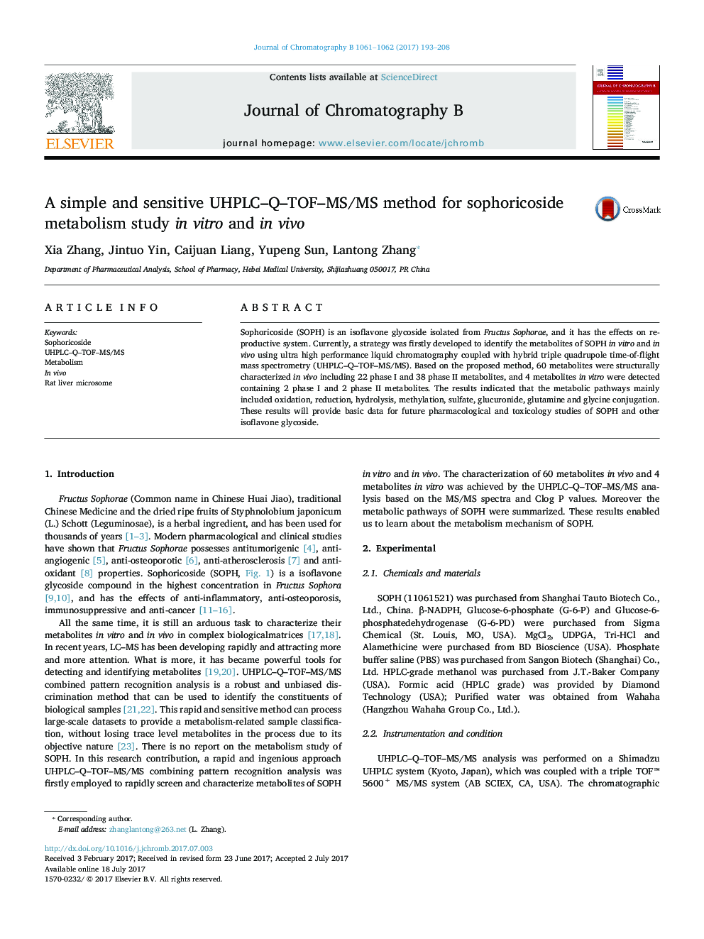 A simple and sensitive UHPLC-Q-TOF-MS/MS method for sophoricoside metabolism study in vitro and in vivo