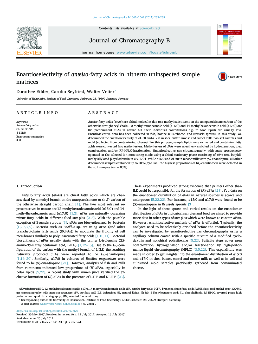 Enantioselectivity of anteiso-fatty acids in hitherto uninspected sample matrices