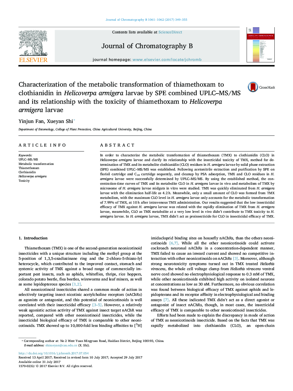 Characterization of the metabolic transformation of thiamethoxam to clothianidin in Helicoverpa armigera larvae by SPE combined UPLC-MS/MS and its relationship with the toxicity of thiamethoxam to Helicoverpa armigera larvae