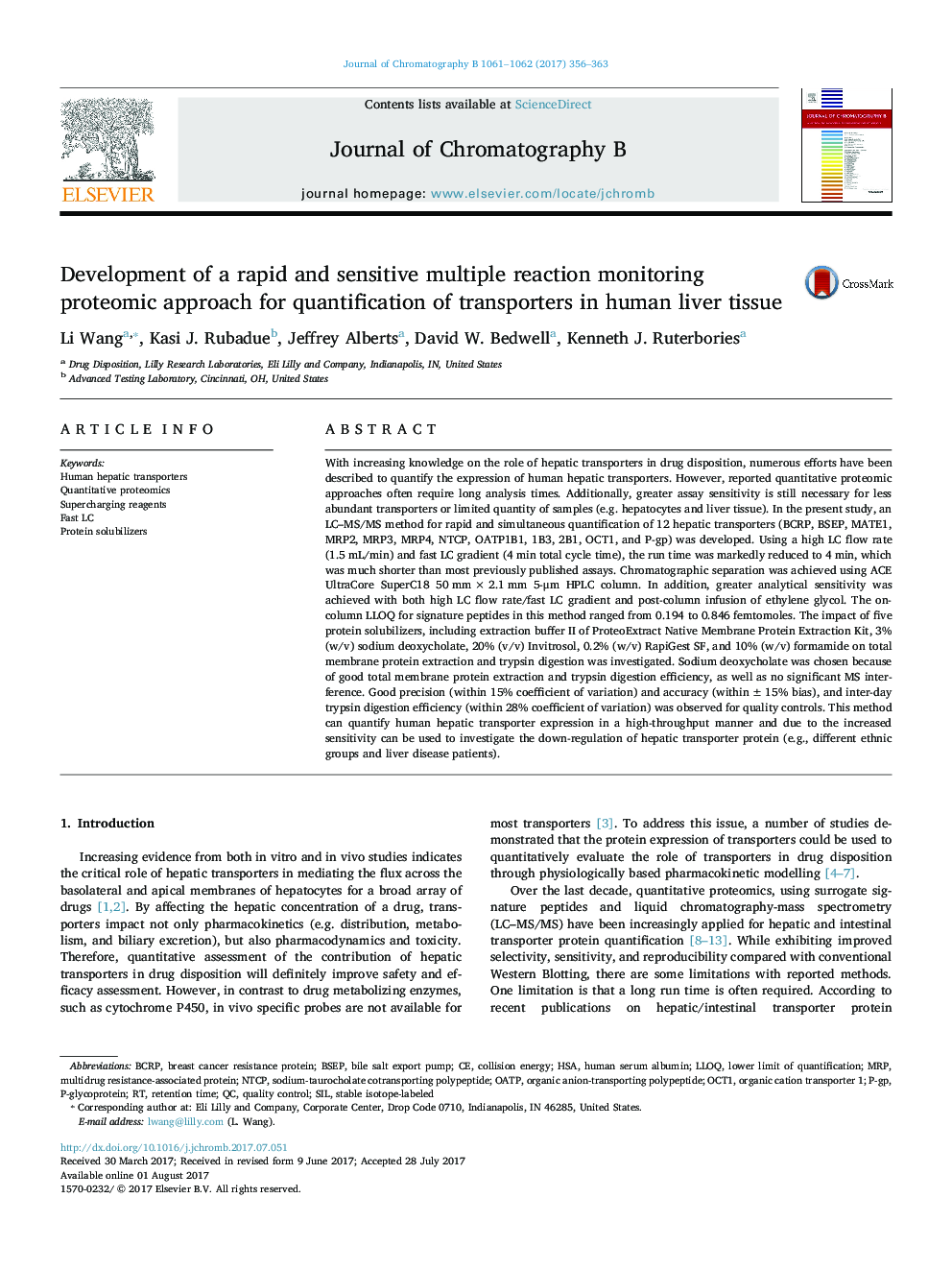 Development of a rapid and sensitive multiple reaction monitoring proteomic approach for quantification of transporters in human liver tissue