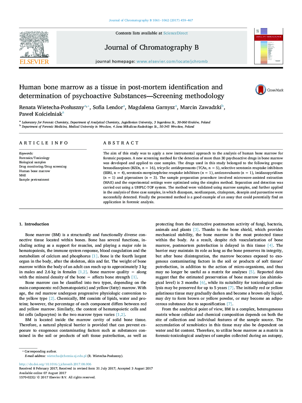 Human bone marrow as a tissue in post-mortem identification and determination of psychoactive Substances-Screening methodology