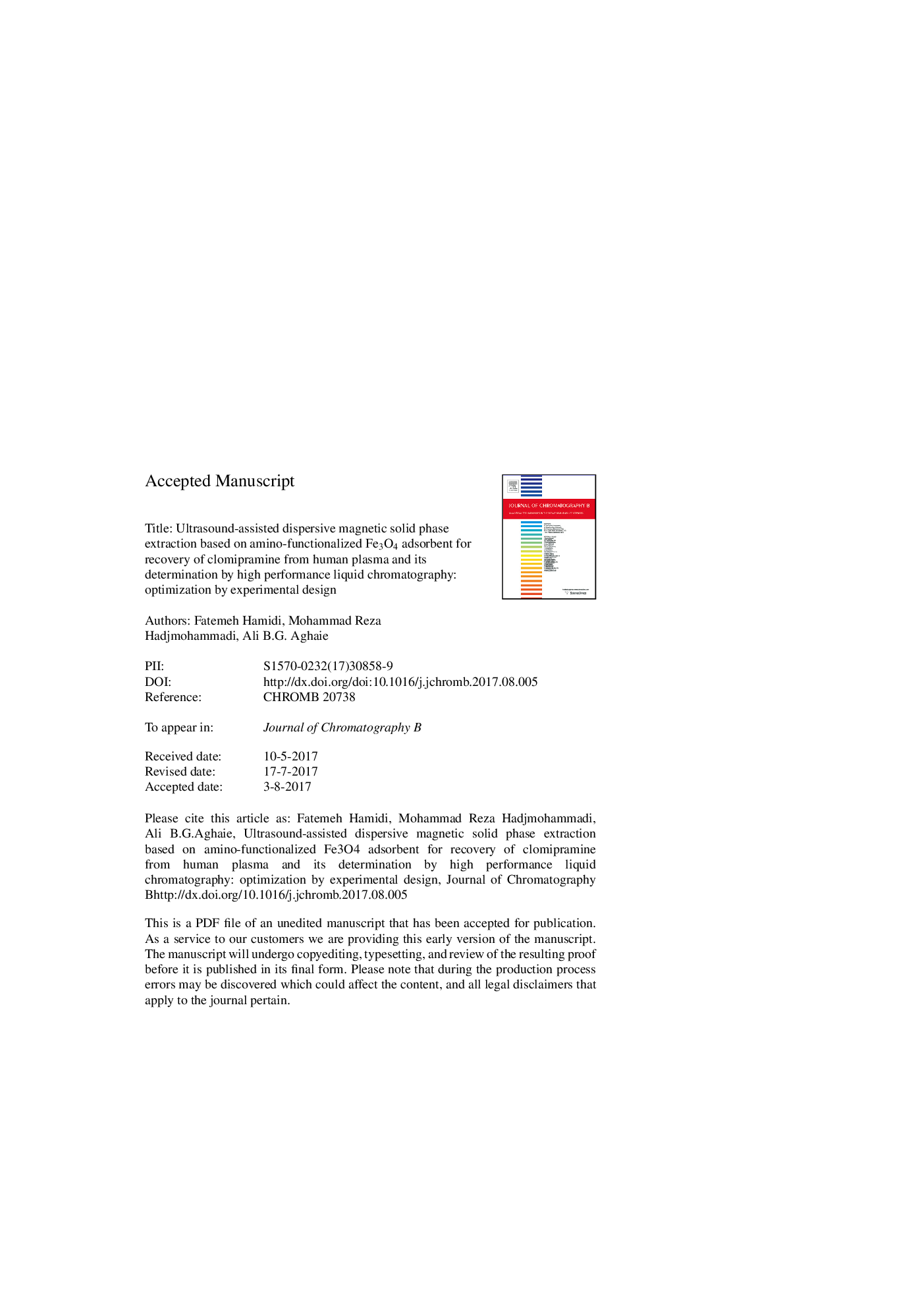 Ultrasound-assisted dispersive magnetic solid phase extraction based on amino-functionalized Fe3O4 adsorbent for recovery of clomipramine from human plasma and its determination by high performance liquid chromatography: Optimization by experimental desig