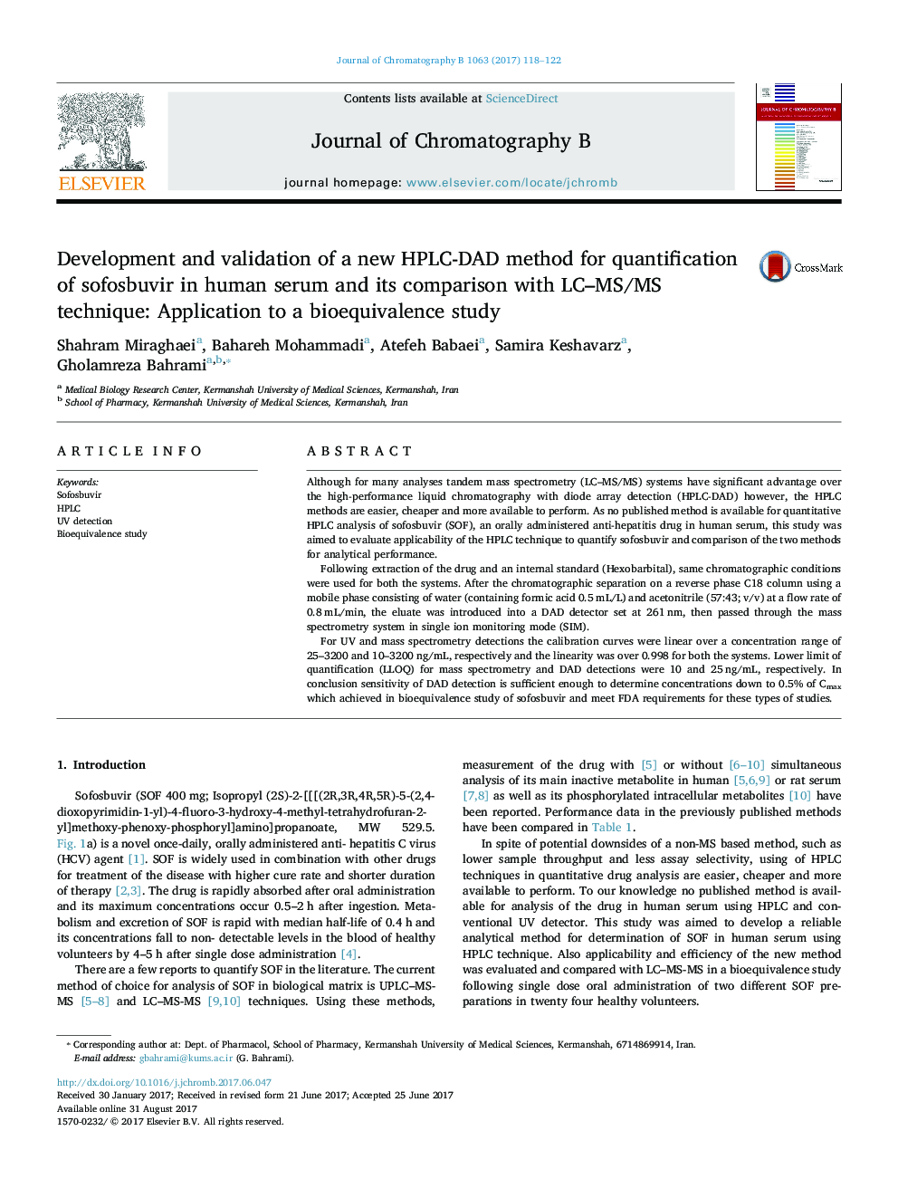 Development and validation of a new HPLC-DAD method for quantification of sofosbuvir in human serum and its comparison with LC-MS/MS technique: Application to a bioequivalence study