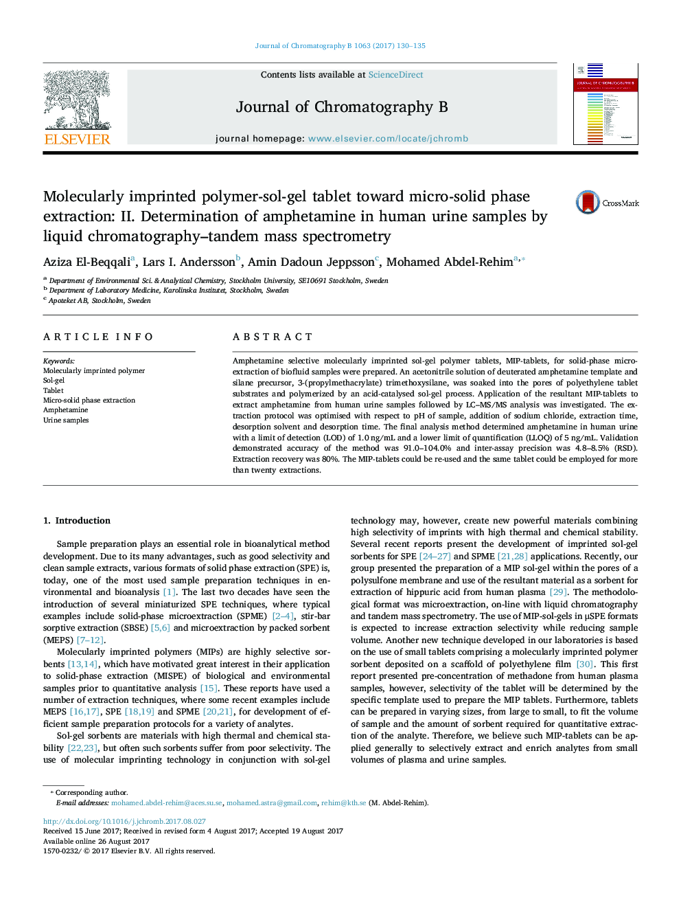 Molecularly imprinted polymer-sol-gel tablet toward micro-solid phase extraction: II. Determination of amphetamine in human urine samples by liquid chromatography-tandem mass spectrometry