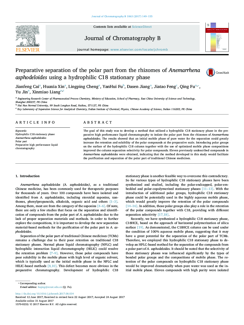 Preparative separation of the polar part from the rhizomes of Anemarrhena asphodeloides using a hydrophilic C18 stationary phase