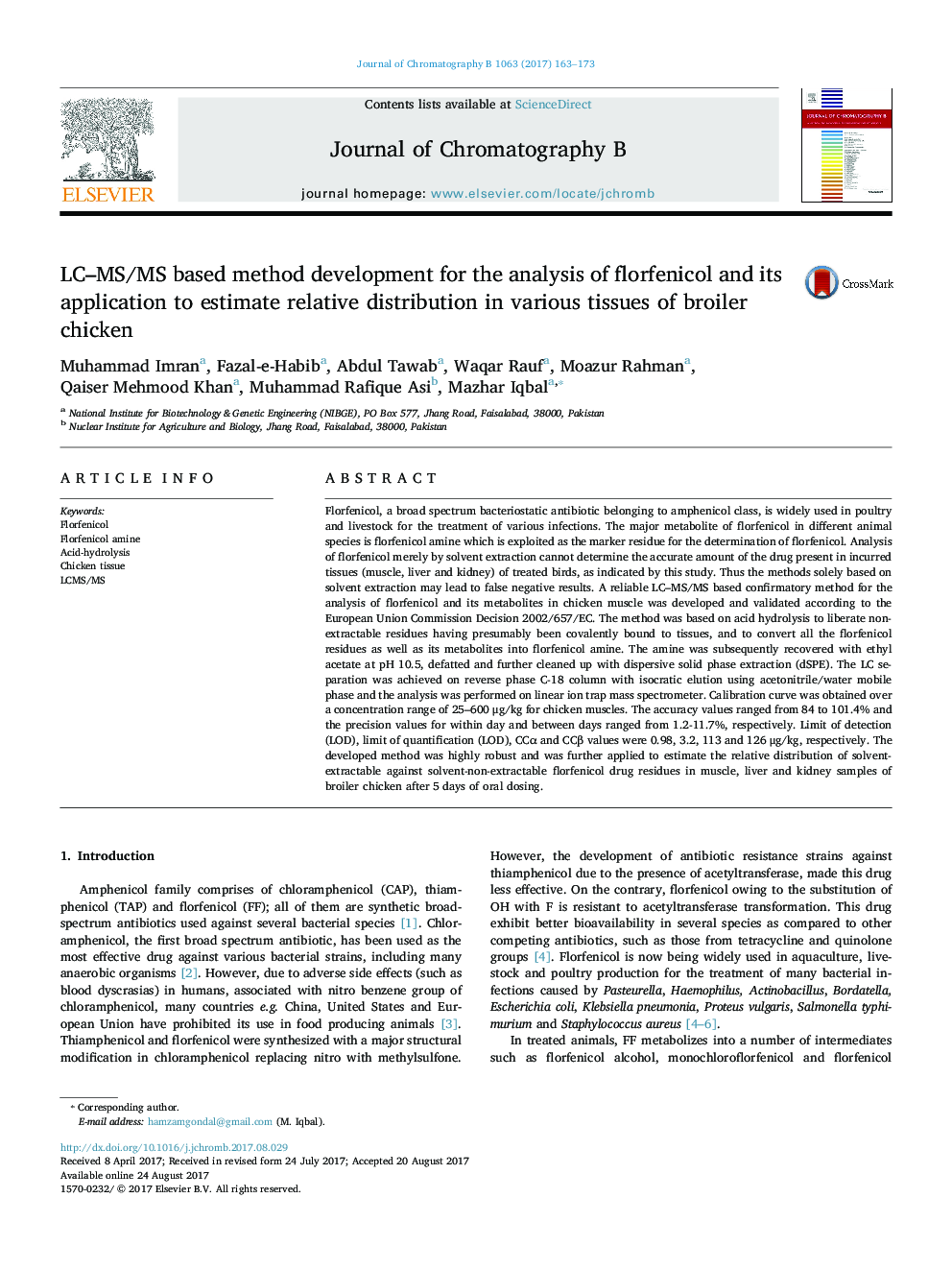 LC-MS/MS based method development for the analysis of florfenicol and its application to estimate relative distribution in various tissues of broiler chicken