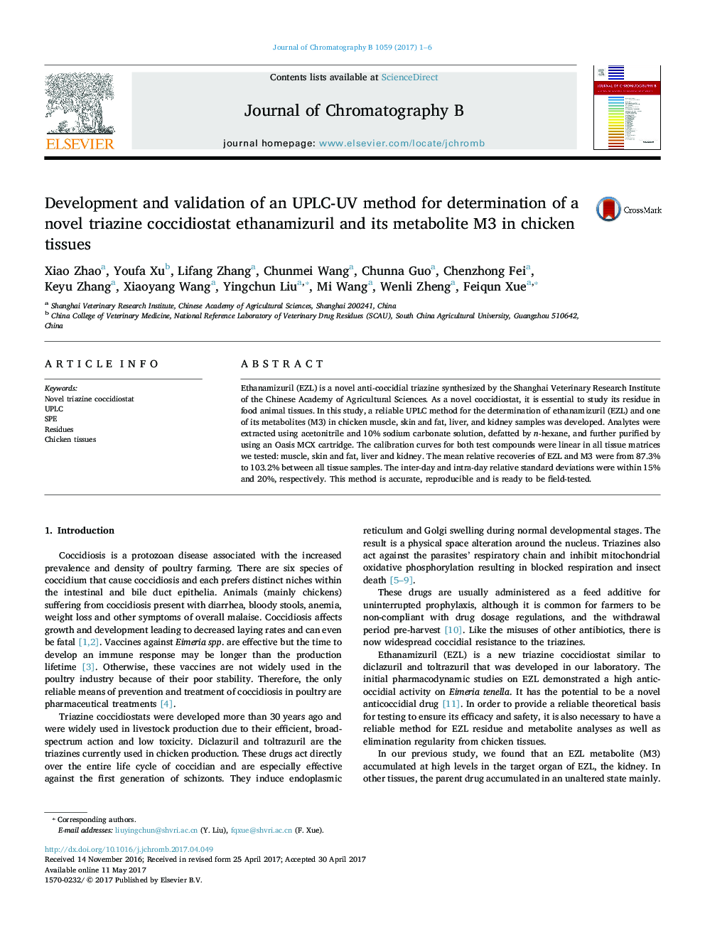 Development and validation of an UPLC-UV method for determination of a novel triazine coccidiostat ethanamizuril and its metabolite M3 in chicken tissues