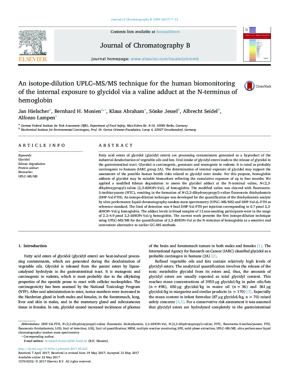 An isotope-dilution UPLC-MS/MS technique for the human biomonitoring of the internal exposure to glycidol via a valine adduct at the N-terminus of hemoglobin