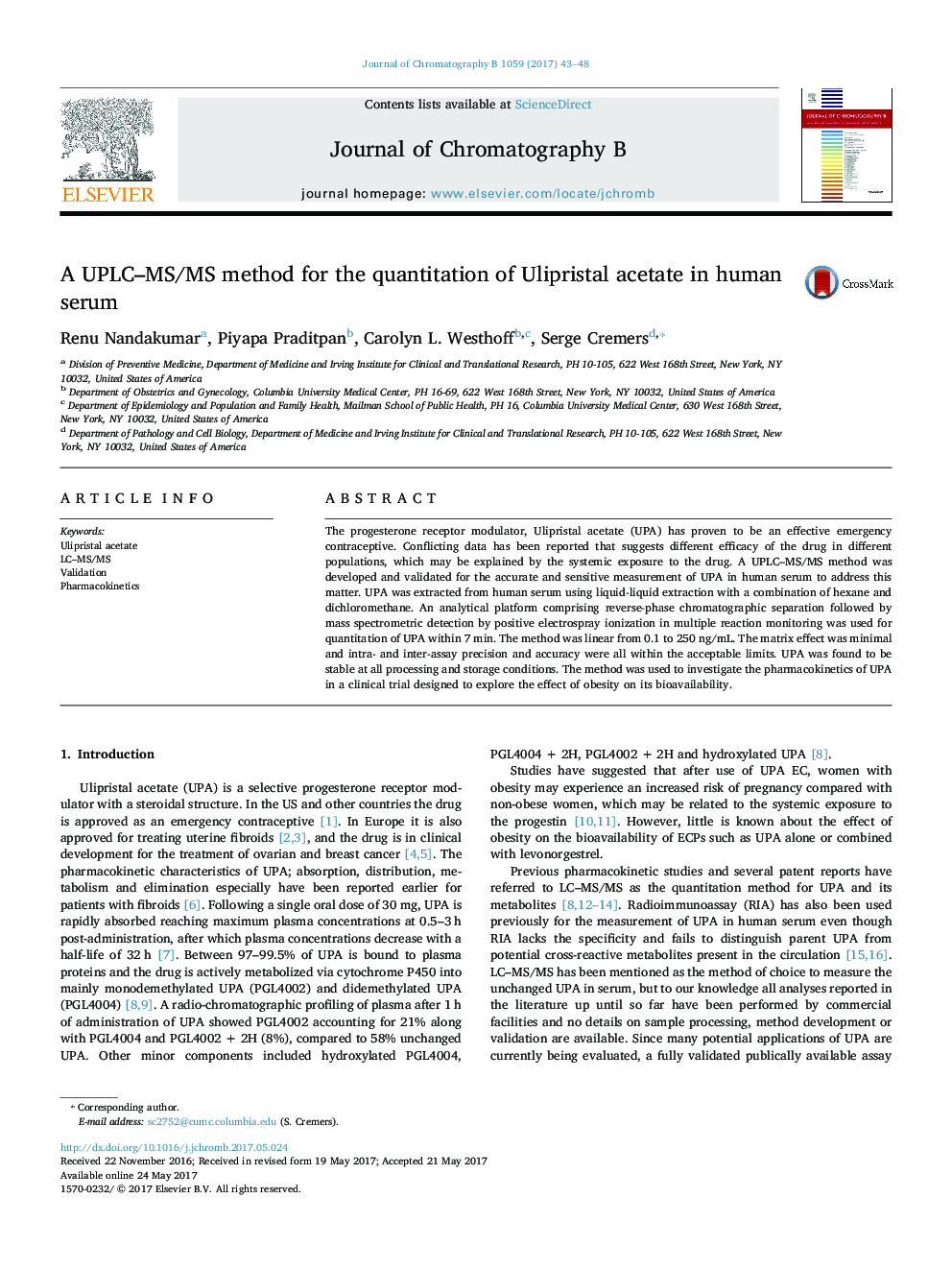 A UPLC-MS/MS method for the quantitation of Ulipristal acetate in human serum