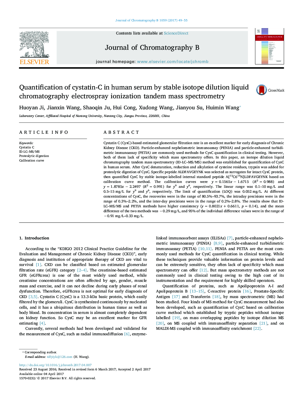 Quantification of cystatin-C in human serum by stable isotope dilution liquid chromatography electrospray ionization tandem mass spectrometry