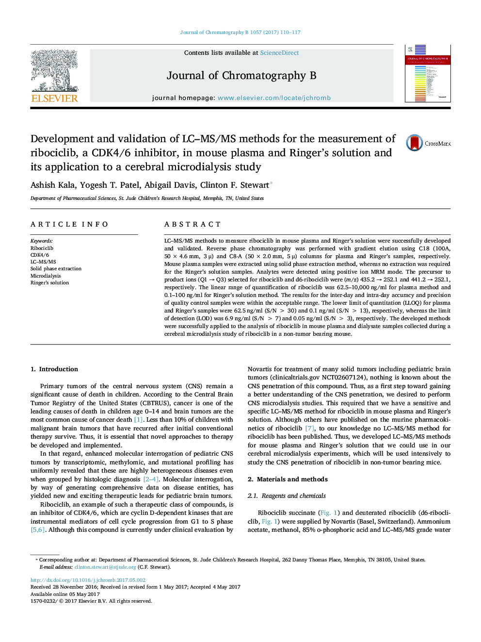 Development and validation of LC-MS/MS methods for the measurement of ribociclib, a CDK4/6 inhibitor, in mouse plasma and Ringer's solution and its application to a cerebral microdialysis study