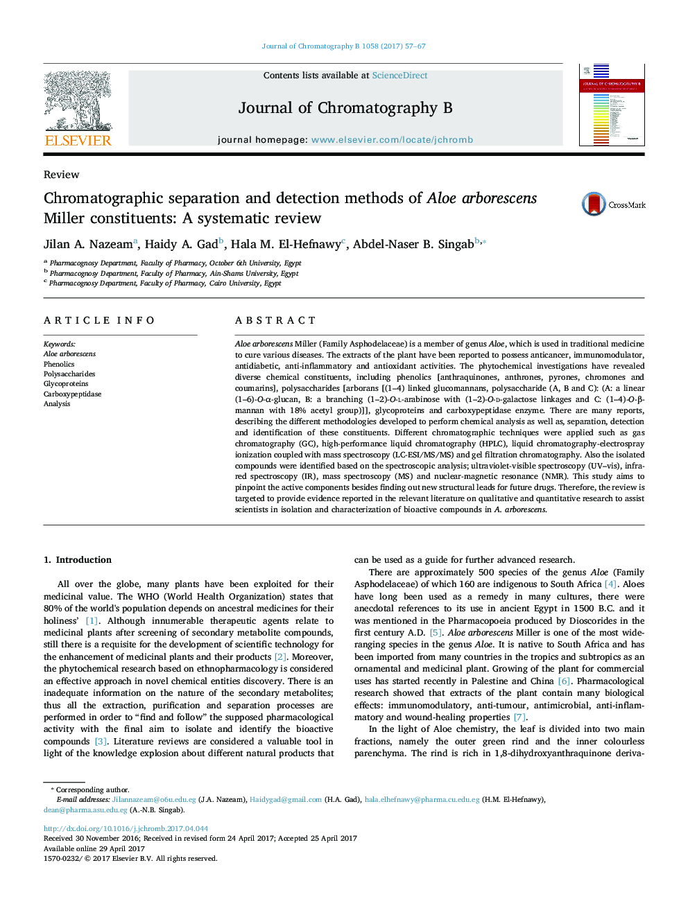 ReviewChromatographic separation and detection methods of Aloe arborescens Miller constituents: A systematic review