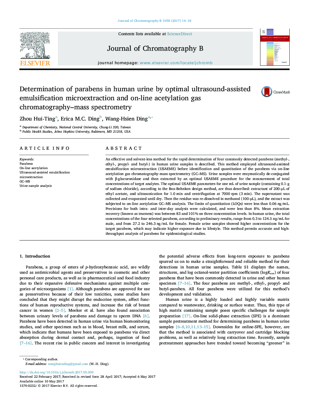 Determination of parabens in human urine by optimal ultrasound-assisted emulsification microextraction and on-line acetylation gas chromatography-mass spectrometry