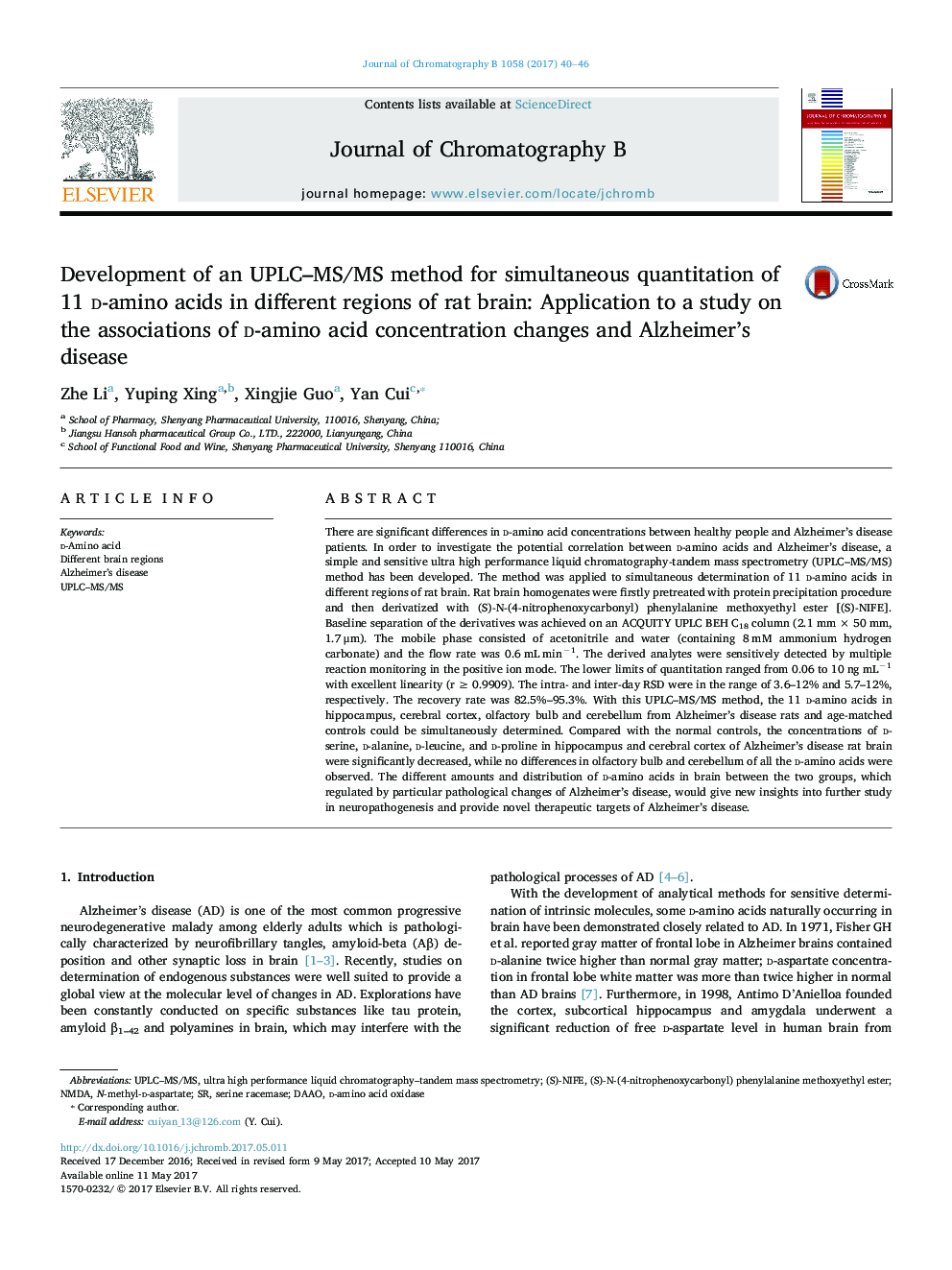 Development of an UPLC-MS/MS method for simultaneous quantitation of 11 d-amino acids in different regions of rat brain: Application to a study on the associations of d-amino acid concentration changes and Alzheimer's disease