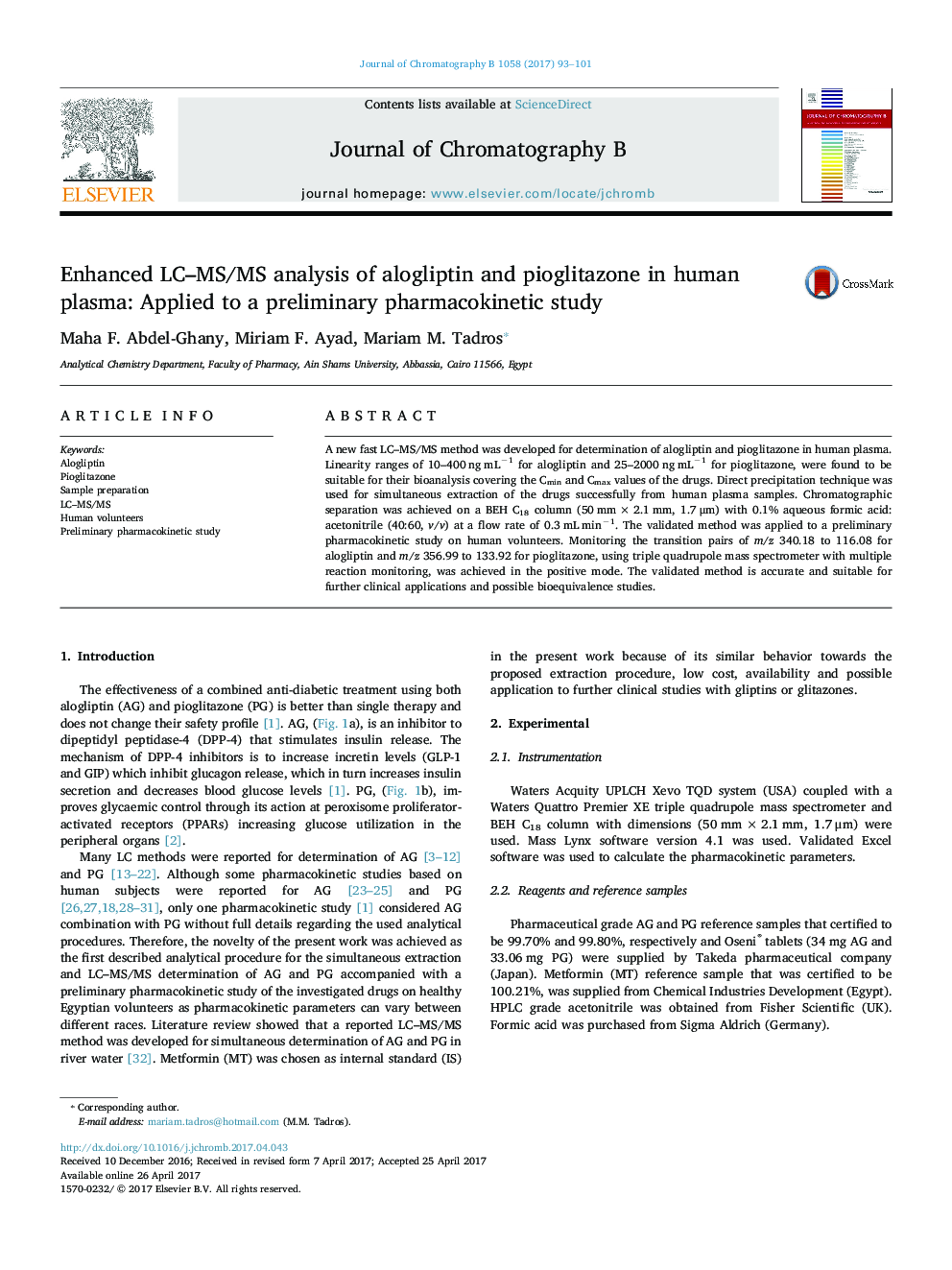 Enhanced LC-MS/MS analysis of alogliptin and pioglitazone in human plasma: Applied to a preliminary pharmacokinetic study