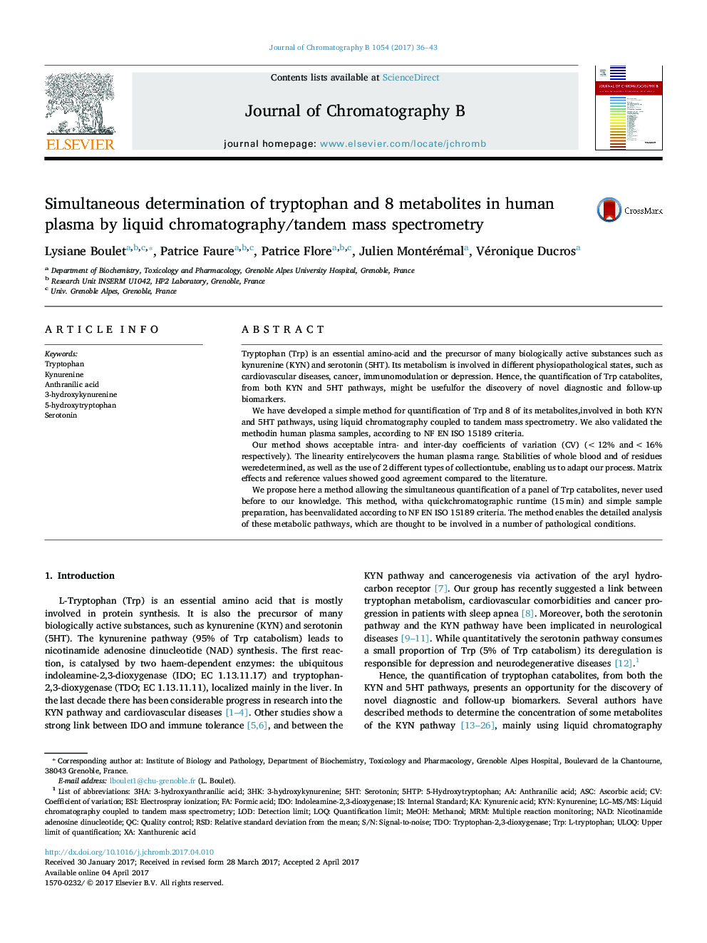 Simultaneous determination of tryptophan and 8 metabolites in human plasma by liquid chromatography/tandem mass spectrometry