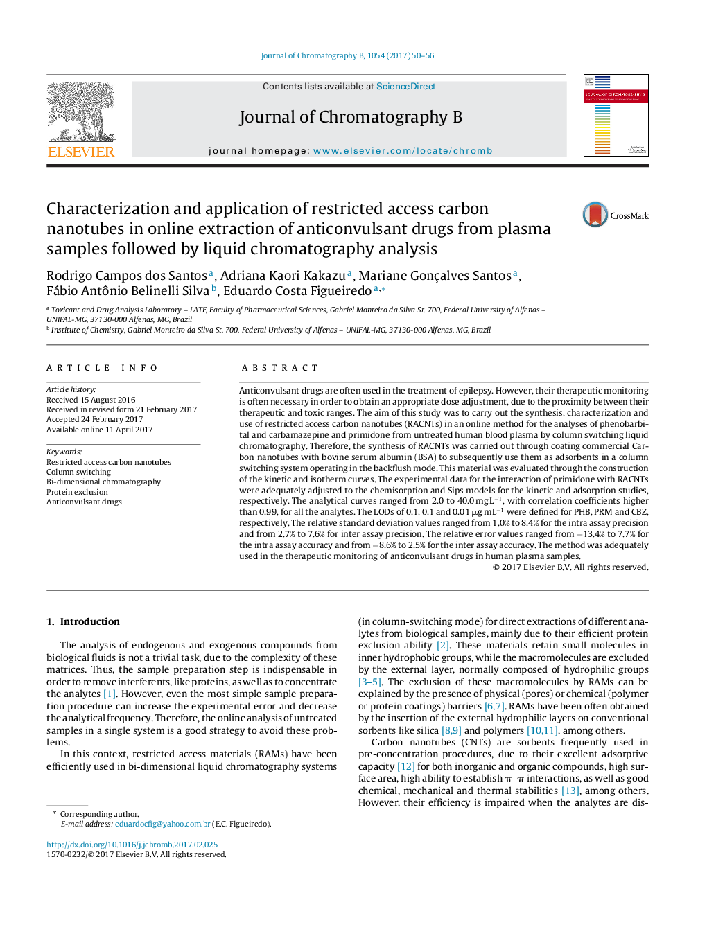 Characterization and application of restricted access carbon nanotubes in online extraction of anticonvulsant drugs from plasma samples followed by liquid chromatography analysis