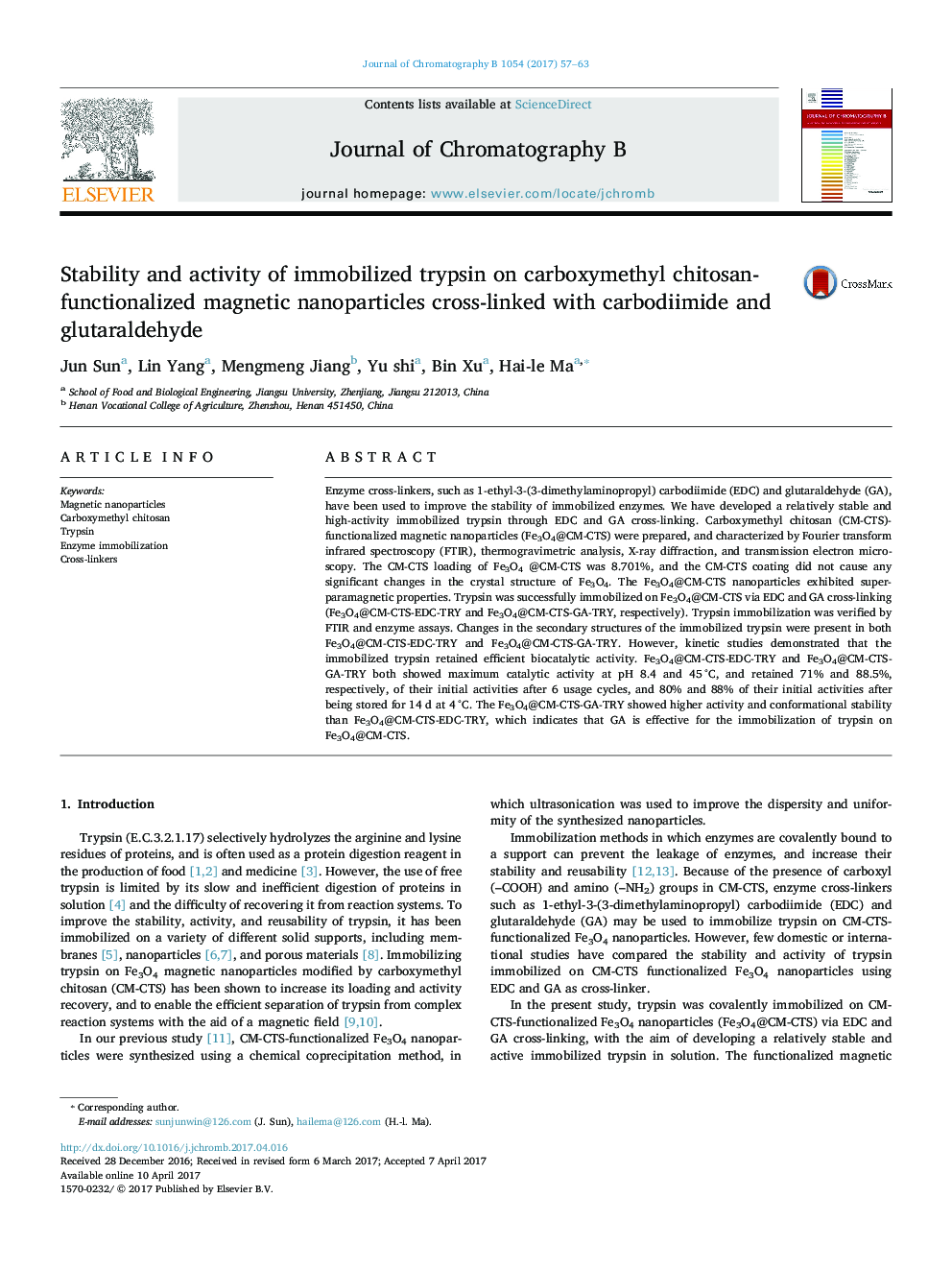 عکس صفحه اول مقاله: Stability and activity of immobilized trypsin on carboxymethyl chitosan-functionalized magnetic nanoparticles cross-linked with carbodiimide and glutaraldehyde Stability and activity of immobilized trypsin on carboxymethyl chitosan-functionalized magnetic nanoparticles cross-linked with carbodiimide and glutaraldehyde