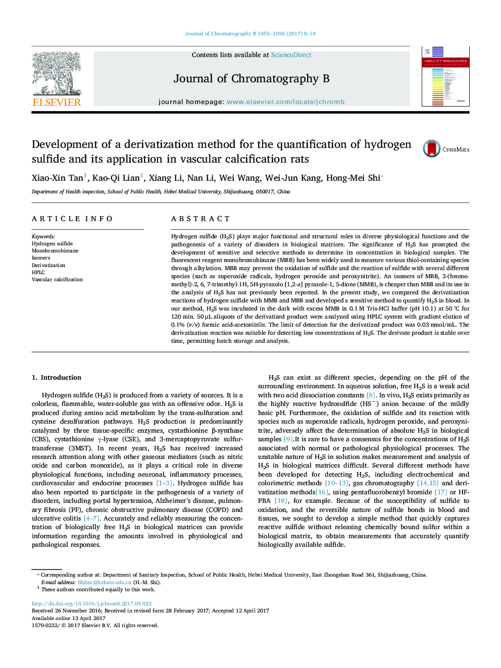 Development of a derivatization method for the quantification of hydrogen sulfide and its application in vascular calcification rats