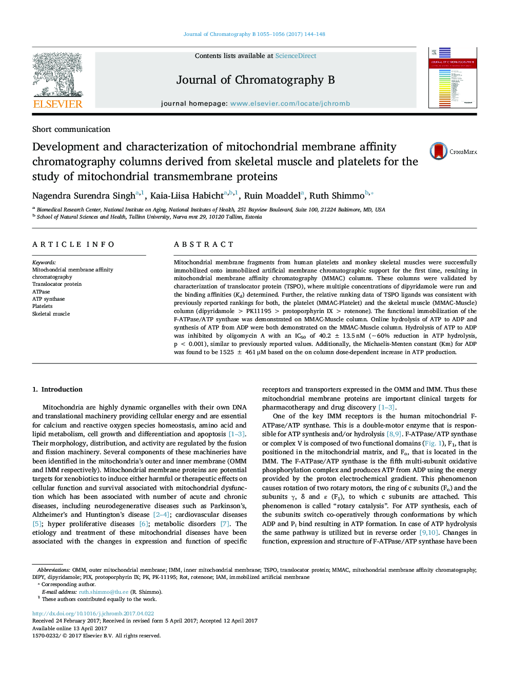 Short communicationDevelopment and characterization of mitochondrial membrane affinity chromatography columns derived from skeletal muscle and platelets for the study of mitochondrial transmembrane proteins