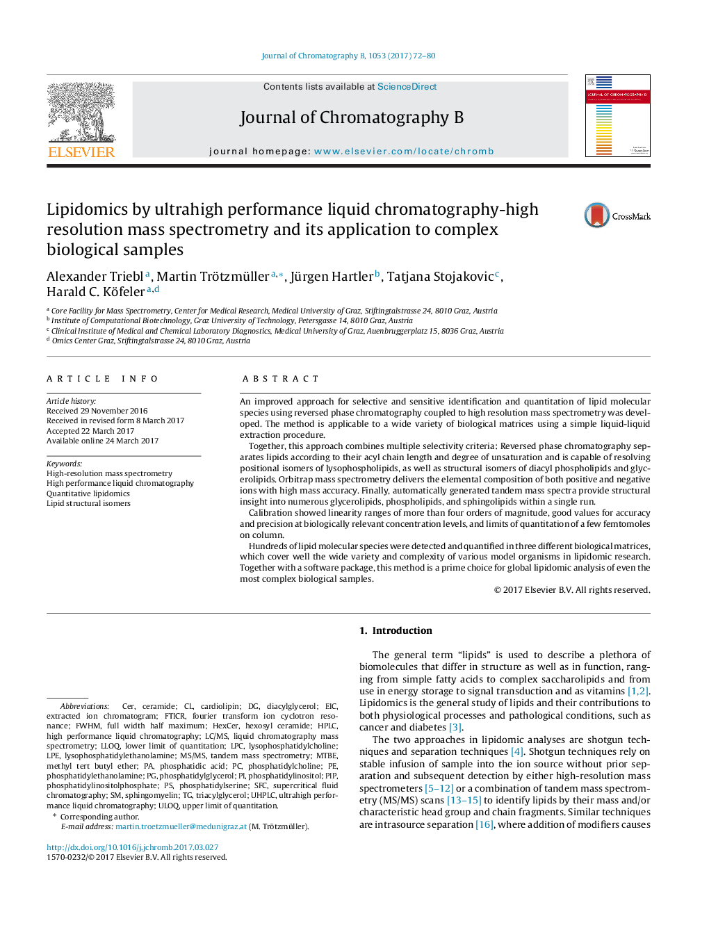 Lipidomics by ultrahigh performance liquid chromatography-high resolution mass spectrometry and its application to complex biological samples