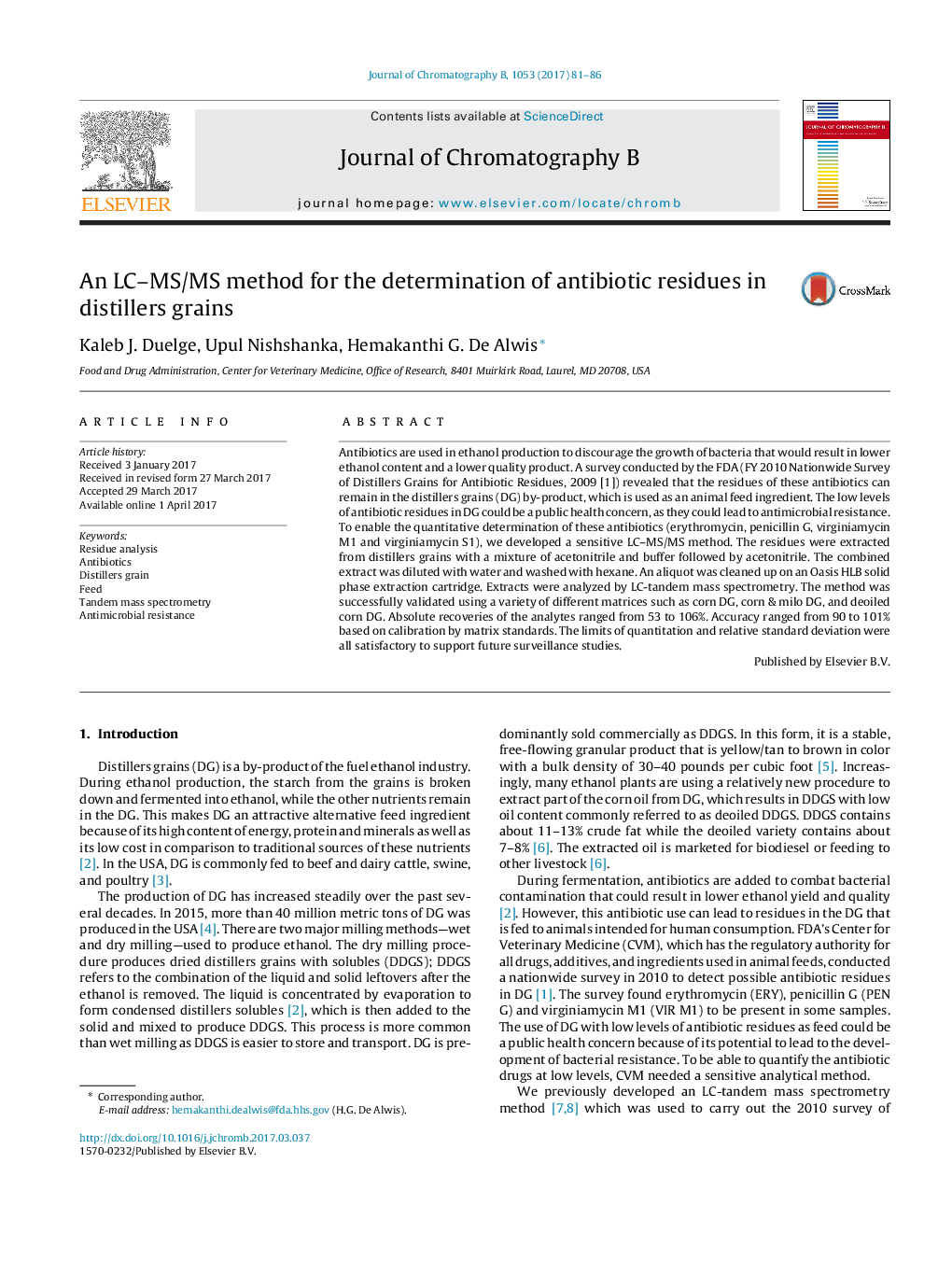 An LC-MS/MS method for the determination of antibiotic residues in distillers grains