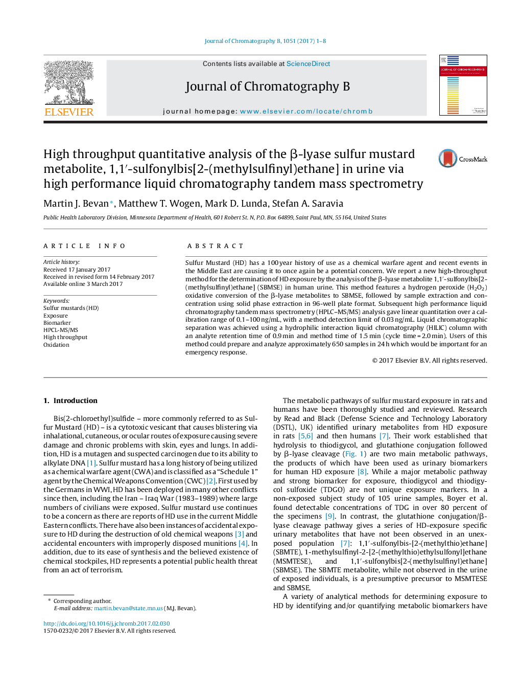 High throughput quantitative analysis of the Î²-lyase sulfur mustard metabolite, 1,1â²-sulfonylbis[2-(methylsulfinyl)ethane] in urine via high performance liquid chromatography tandem mass spectrometry